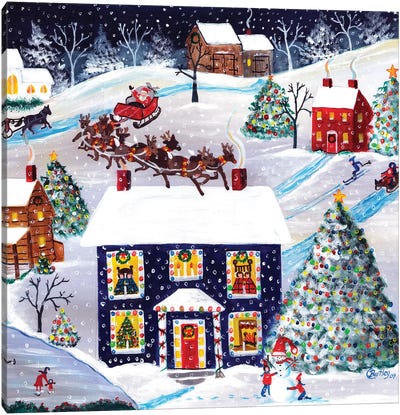 Santa Reindeer Christmas Eve Cheryl Bartley Canvas Art Print - Folk Art