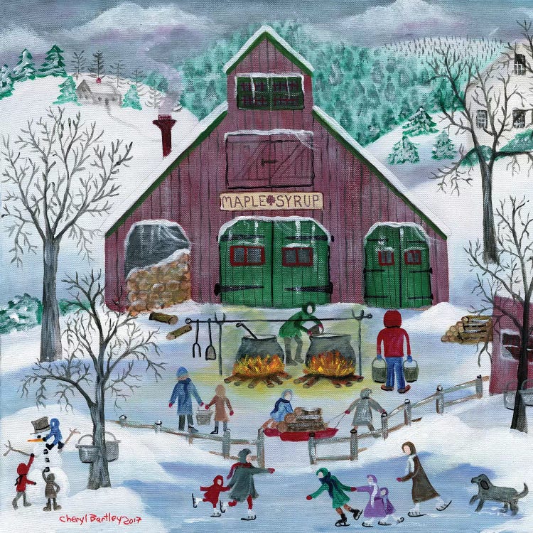 Snowy Maple Syrup Makers and Ice Skaters