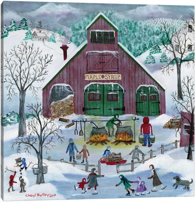 Snowy Maple Syrup Makers and Ice Skaters Canvas Art Print - Farmhouse Christmas Décor