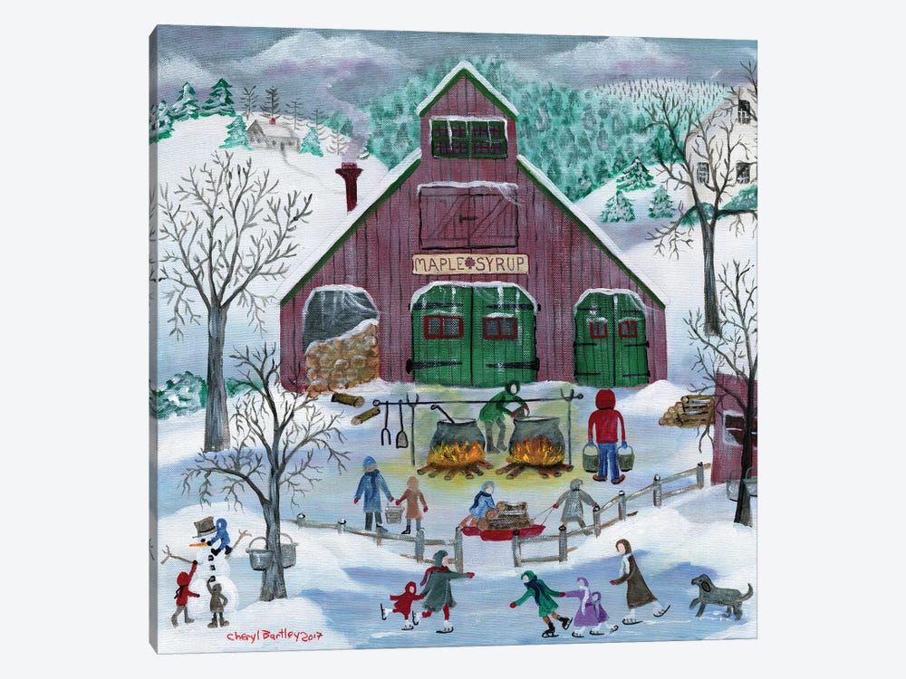 Snowy Maple Syrup Makers and Ice Skaters by Cheryl Bartley 1-piece Canvas Wall Art