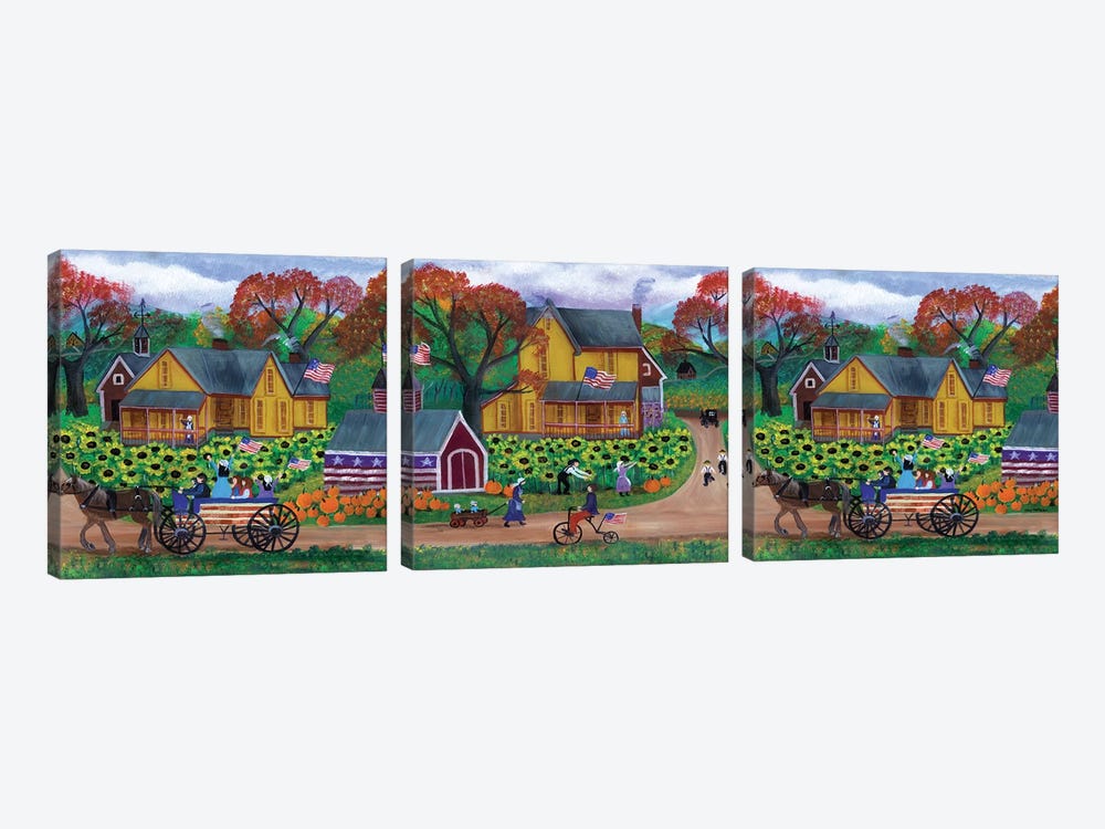 American Primitive Sunflower Pumpkin Farm Border by Cheryl Bartley 3-piece Canvas Print