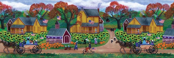 Classic Americana: American Primitive Sunflower Pumpkin Farm Border by Cheryl Bartley
