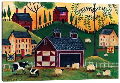 Sunrise Red Quilt Barn Cheryl Bartley Canvas Art Print - Sheep Art