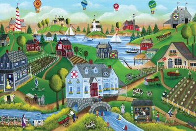 Village By The Sea with Hot Air Ballons by Cheryl Bartley multi panel art