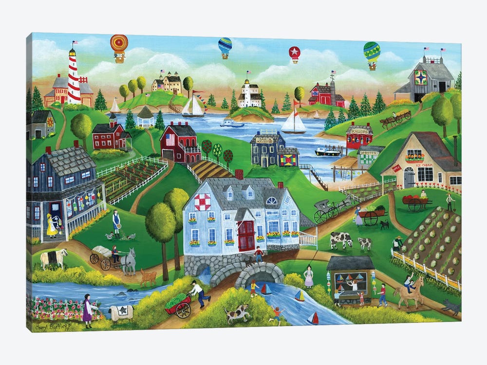 Village By The Sea with Hot Air Ballons by Cheryl Bartley 1-piece Art Print
