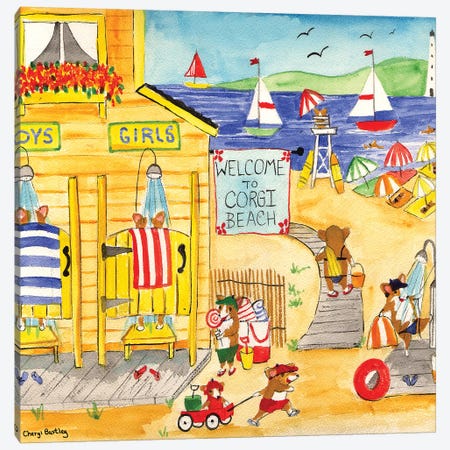 Welcome To Corgi Dog Beach Canvas Print #CBT247} by Cheryl Bartley Canvas Wall Art