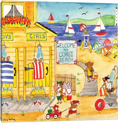 Welcome To Corgi Dog Beach Canvas Art Print - Cheryl Bartley