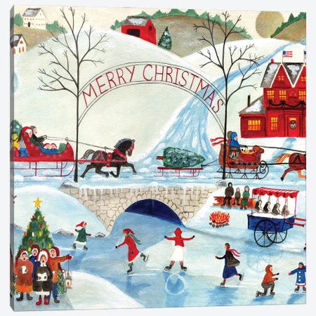 Christmas Day Skating By Old Stone Bridge Canvas Print #CBT258} by Cheryl Bartley Canvas Artwork