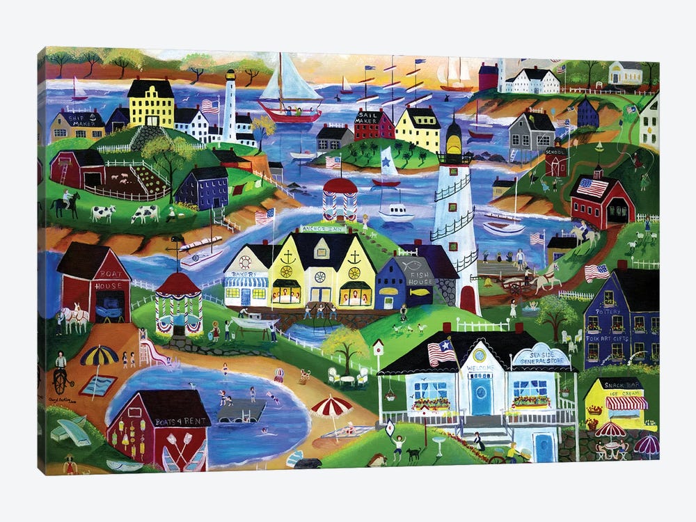 American Seaside Summertime Village by Cheryl Bartley 1-piece Canvas Artwork