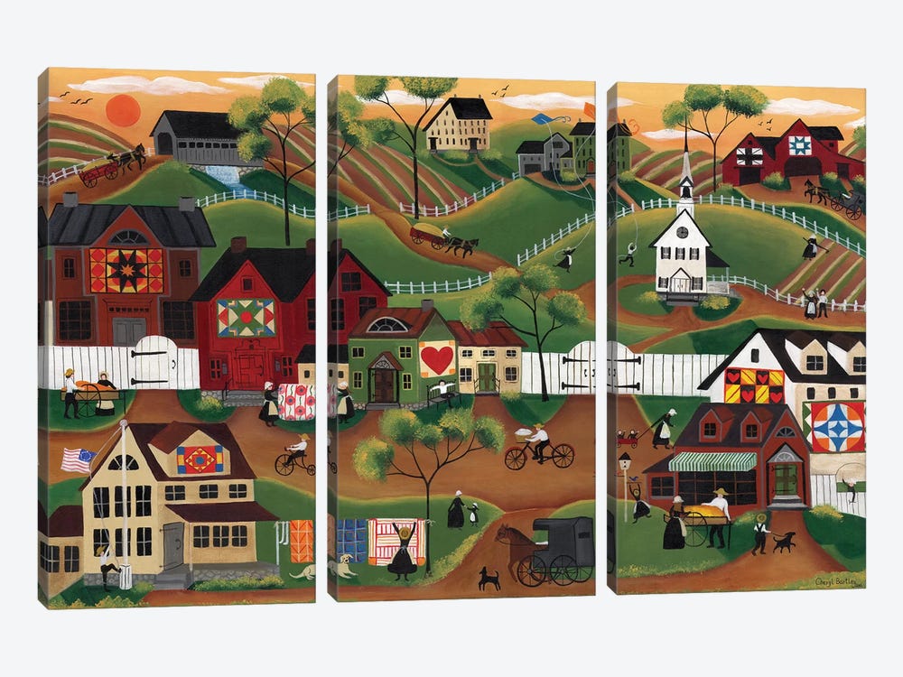 Amish Quilt Village by Cheryl Bartley 3-piece Canvas Artwork