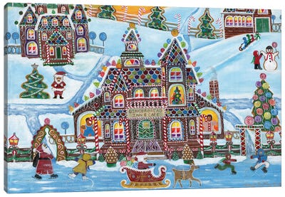 Christmas Gingerbread Inn and Cafe Canvas Art Print - Snowman Art