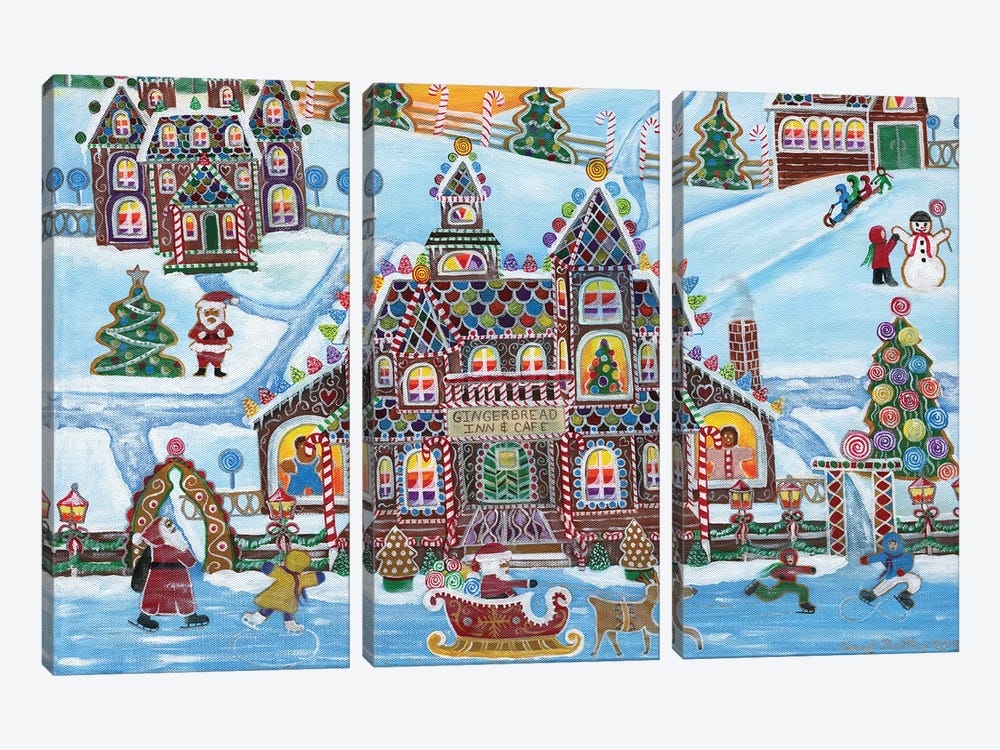 Christmas Gingerbread Inn and Cafe by Cheryl Bartley 3-piece Canvas Print