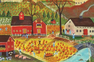 Country Farm Pumpkin Pickers by Cheryl Bartley art print