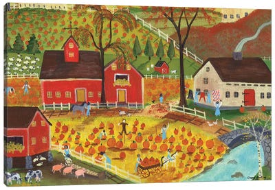 Country Farm Pumpkin Pickers Canvas Art Print - Pumpkins