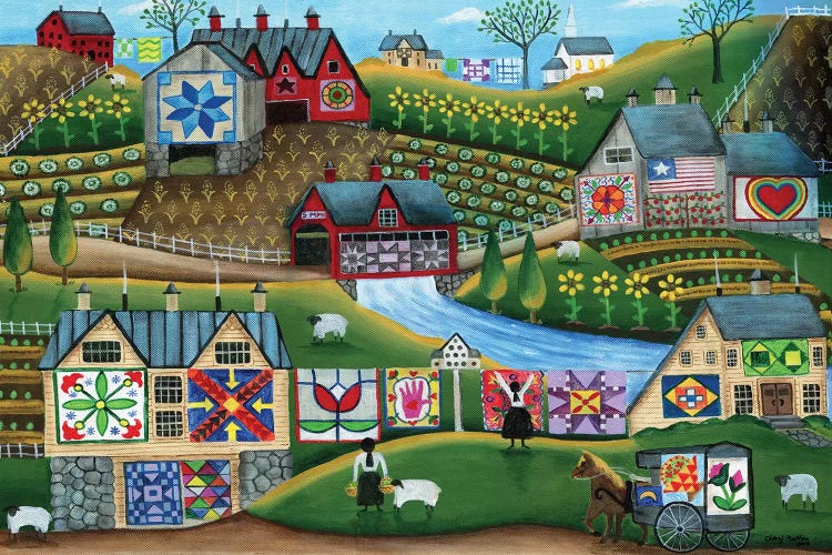 Canvas Wall Art - American Folk Art Seadise with Angel by Cheryl Bartley ( scenic & landscapes > Country > Farms art) - 18x26 in