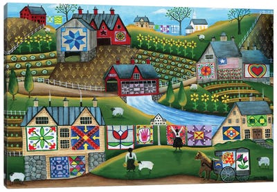 Country Harvest Folk Art Quilt Farms Canvas Art Print - Folk Art