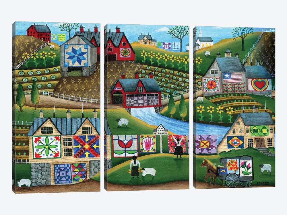 Country Harvest Folk Art Quilt Farms by Cheryl Bartley 3-piece Canvas Print