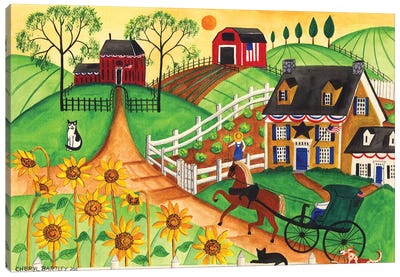 Country Sunflower Quilt Farm Canvas Art Print