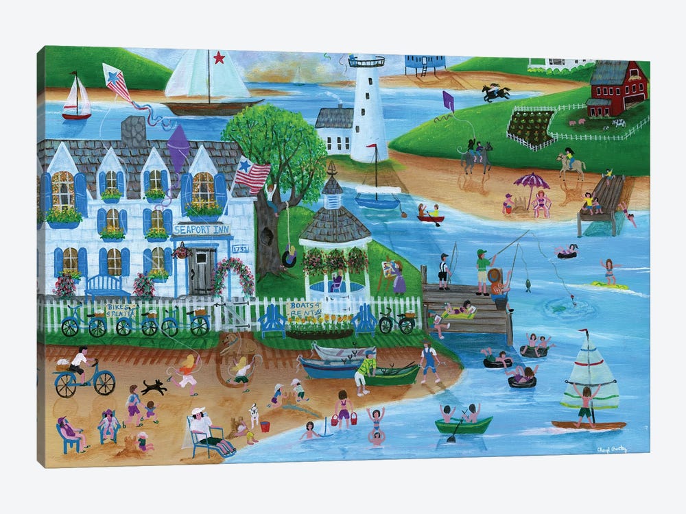 Folk Art Summertime Fun at Seaport Inn by Cheryl Bartley 1-piece Canvas Print