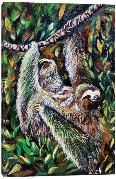 Sloth Mother And Baby Canvas Art Print - Charlotte Bezant