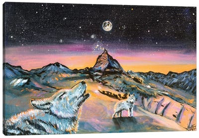 Wolf Howling At Moon Canvas Art Print - Charlotte Bezant