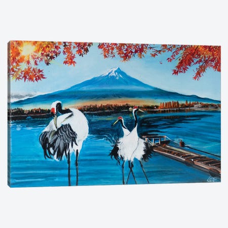 Red Crowned Cranes In Front Of Mt Fuji Canvas Print #CBZ42} by Charlotte Bezant Canvas Artwork
