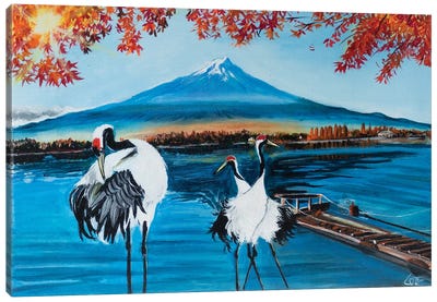 Red Crowned Cranes In Front Of Mt Fuji Canvas Art Print - Charlotte Bezant