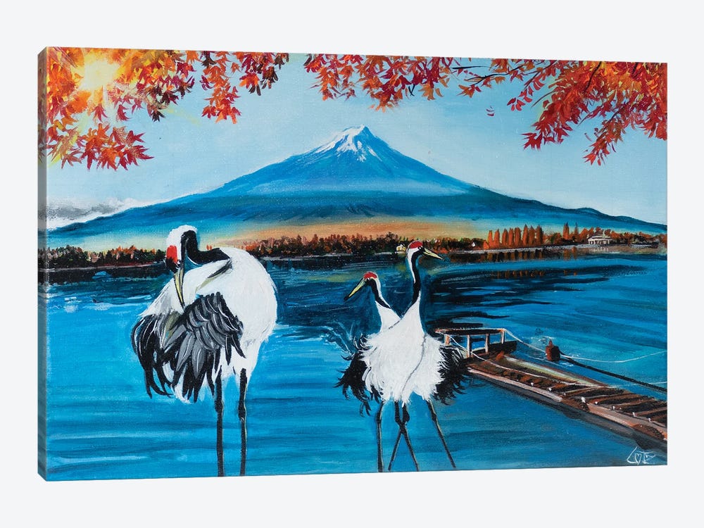 Red Crowned Cranes In Front Of Mt Fuji by Charlotte Bezant 1-piece Canvas Artwork