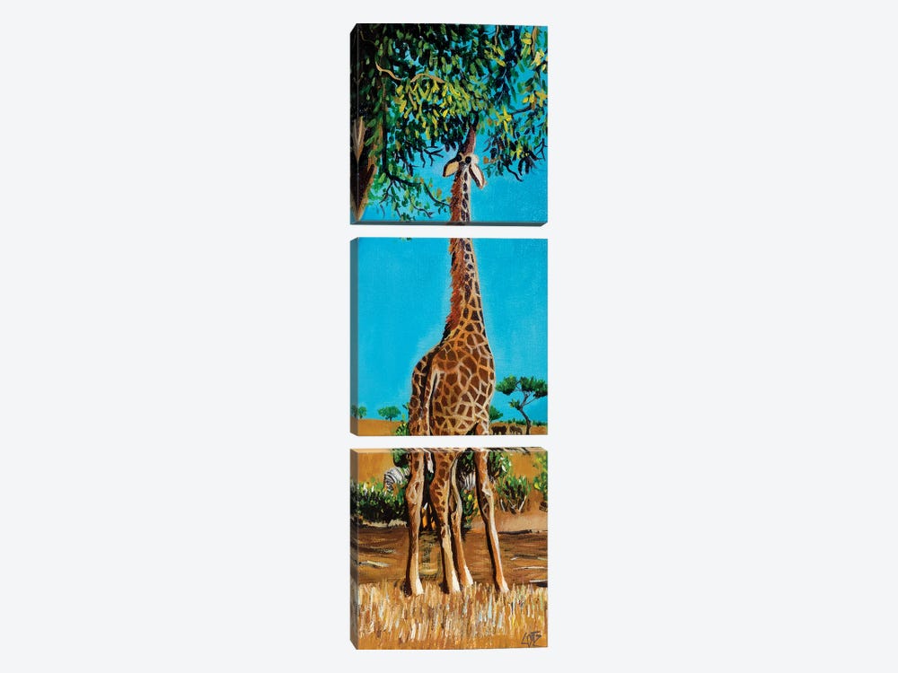 Giraffe Stretching Up To Eat Leaves by Charlotte Bezant 3-piece Canvas Art Print