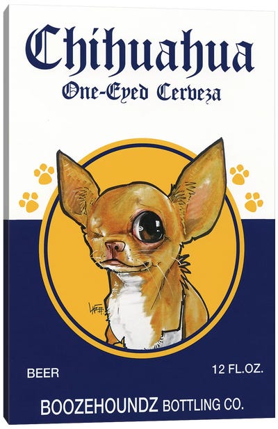 Chihuahua One-eyed Cerveza Canvas Art Print - Canine Caricatures