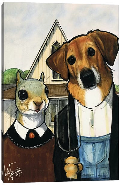 American Gothic Mutt Canvas Art Print - Canine Caricatures