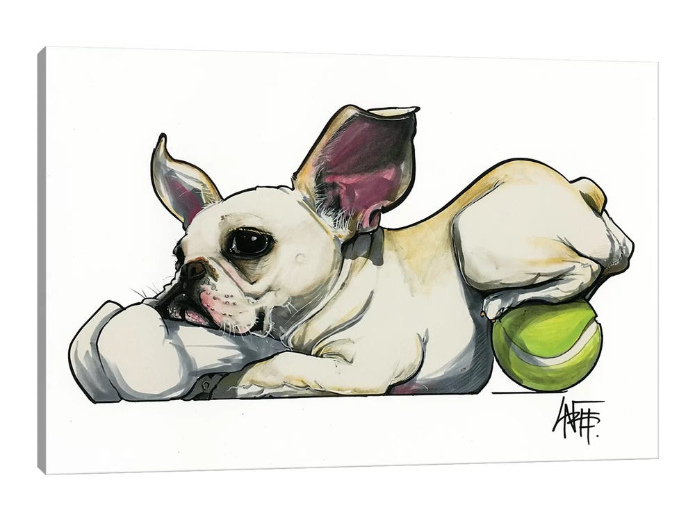 Framed Canvas Art (White Floating Frame) - Frenchie Toy Hoarder by Canine Caricatures ( Animals > Dogs > French Bulldogs art) - 18x26 in