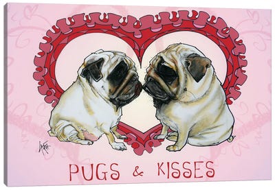 Pugs & Kisses Canvas Art Print - Canine Caricatures