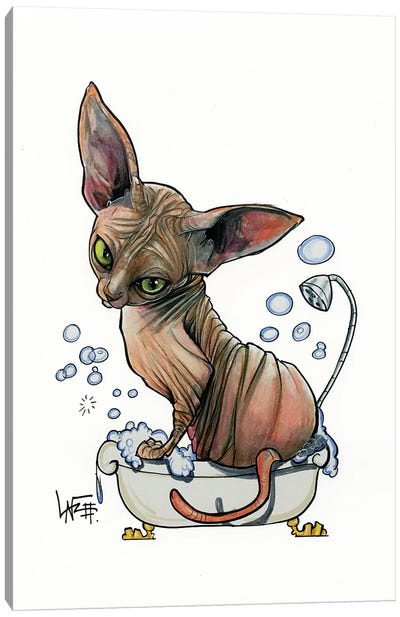 Sphynx Bubble Bath Canvas Art Print - Hairless Cat Art