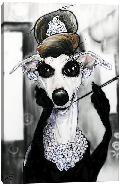 Breakfast at Tiffany’s Whippet Canvas Art Print - Canine Caricatures