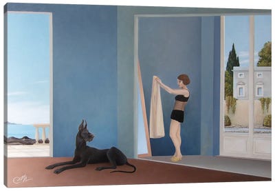 Sea House Interior With Great Dane And Girl Canvas Art Print - Vicarious Glimpses