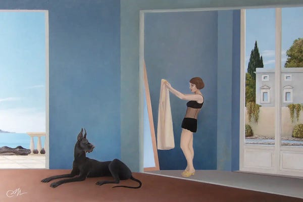 Cecco Mariniello: Sea House Interior With Great Dane And Girl by Cecco Mariniello