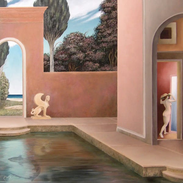 Cecco Mariniello: Young Lady In The Mirror With Sphinx And Dogfish by Cecco Mariniello