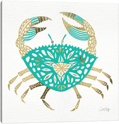 Gold Turquoise Crab Canvas Art Print - Kids Bathroom Art
