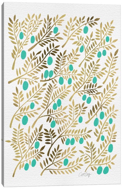 Turquoise Olive Branches Canvas Art Print - Olive Tree Art