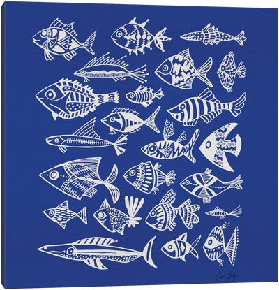 Fish Inkings Blue Canvas Art Print - Blue Tropics