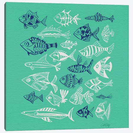 Fish Inkings Green Navy White Canvas Print #CCE178} by Cat Coquillette Canvas Art Print