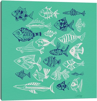 Fish Inkings Green Navy White Canvas Art Print - Animal Patterns