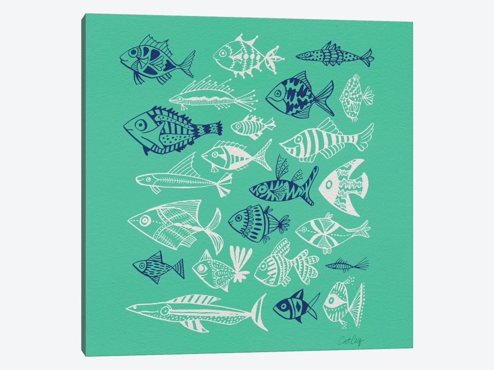 Fish Inkings Green Navy White by Cat Coquillette 1-piece Canvas Art