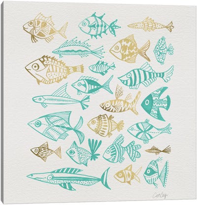 Fish Inkings Turquoise Gold Canvas Art Print - Animal Patterns