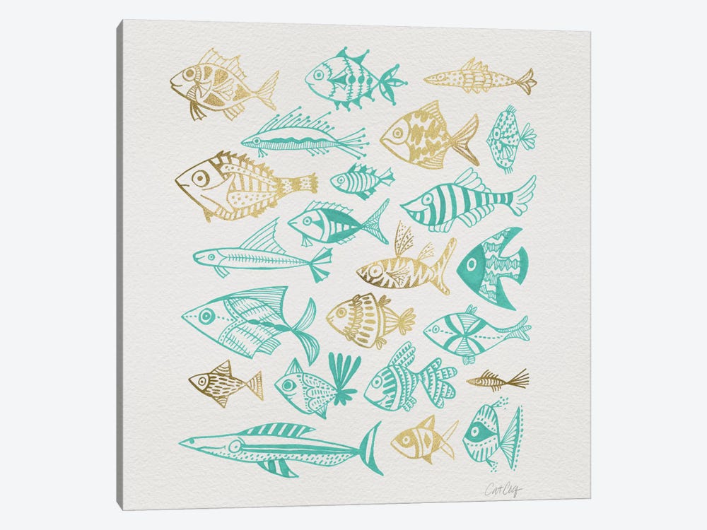 Fish Inkings Turquoise Gold by Cat Coquillette 1-piece Canvas Wall Art