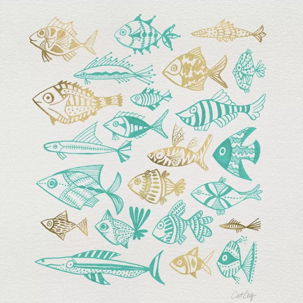 Animal Patterns: Fish Inkings Turquoise Gold by Cat Coquillette
