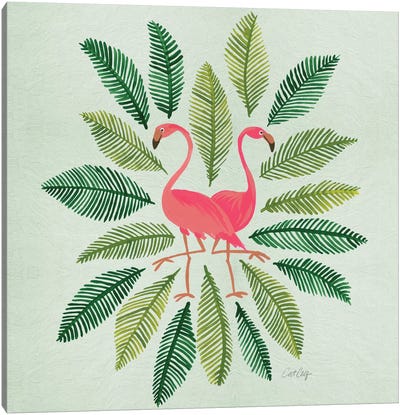 Flamingos Green Canvas Art Print - Green & Pink Art