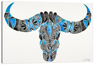 Water Buffalo Skull I Canvas Art Print - Black, White & Blue Art