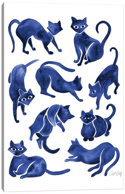 Cat Positions, Navy Canvas Art Print - Charming Blue